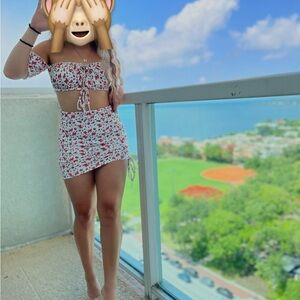 Floral Off-Shoulder Two-Piece One-Piece Set — White with Red Floral